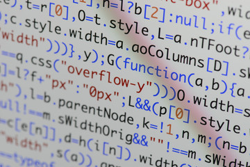 Wall Mural - real java script code developing screen. programing workflow abstract algorithm concept. closeup of 