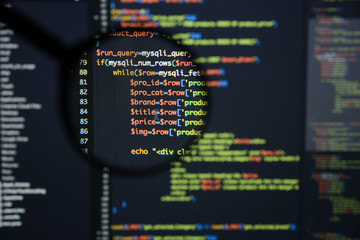 Wall Mural - real php code developing screen. programing workflow abstract algorithm concept. lines of php code v