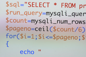 Wall Mural - real php code developing screen. programing workflow abstract algorithm concept. lines of php code v