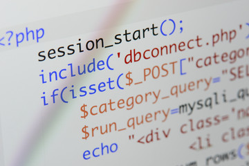 Wall Mural - real php code developing screen. programing workflow abstract algorithm concept. lines of php code v