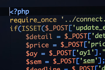 Wall Mural - real php code developing screen. programing workflow abstract algorithm concept. lines of php code v