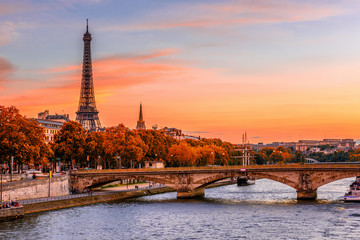 Fototapete - Sunset view of Eiffel tower and Seine river in Paris, France. Autumn Paris