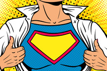 Pop Art Female Superhero. Closeup Of Sexy Woman Dressed In White Jacket Shows Superhero T-shirt Empty Sign On The Chest. Vector Illustration In Retro Pop Art Comic Style. Pop Art Background.