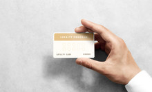 Hand Hold Loyalty Card Template With Rounded Corners. Plain Reward Namecard Mock Up Holding Arm. Plastic Discount Program Mockup With Points Display. Gift Offset Card Design. Loyal Service Branding.