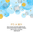 Baby Shower boy card design with abstract watercolor blue and glittering golden circles.