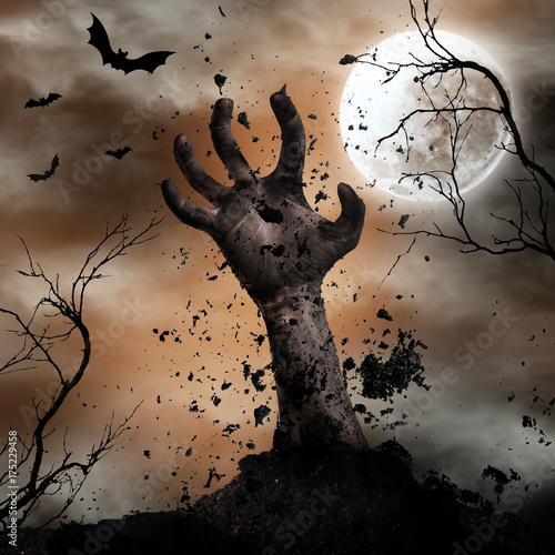 Plakat Straszny Halloweenowy tło z zombie rękami.