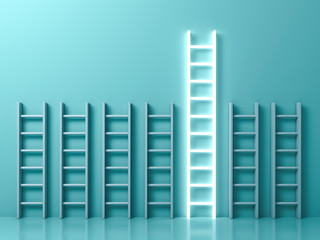 Fototapete - Stand out from the crowd and different creative idea concepts , The longest light ladder glowing among other short ladders on light green background with shadows . 3D rendering.