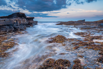 Canvas Print - Surging Tide on Howick Coastline / The rocky shoreline at Howick on the Northumberland coast, AONB,  showing motion blur of the North Sea