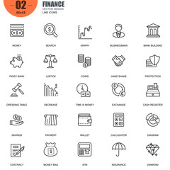 Leinwandbilder - Simple Set of Finance Related Vector Line Icons. Contains such Icons as Wallet, ATM, Hand with a Coin, Bank Building, Diagram, Graph, Exchange and more. Editable Stroke. 48x48 Pixel Perfect.