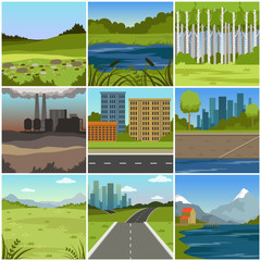 Wall Mural - Different natural summer landscapes set, scenes of city, factory, forest, field, hills, road, river and lake