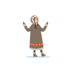 Sticker - Smiling Eskimo, Inuit, Chukchi woman in traditional costume, northern people, life in the far north vector Illustration