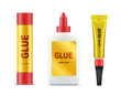 © vectorpocket - Different types of branded glue tubes with gold label and red cap realistic vector set isolated on white background. Paper glue stick, stationery liquid glue and super glue template, product mockup