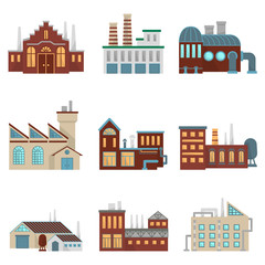 Wall Mural - Industrial factory buildings with pipe and bad environment. Vector eco symbols