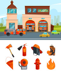 Canvas Print - Municipal building of fire station services. Vector pictures isolate on white