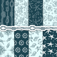 Different Seamless Patterns Set Of Marine And Nautical Elements. Vector Stripes, Anchors And Ropes