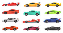 Different Sport Cars Isolated On White. Vector Illustrations Of Racers On Road
