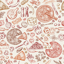 Seamless Pattern With Classical Italian Foods. Hand Drawn Illustrations Of Pizza