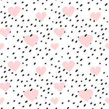Hand Drawn Black Confetti On White Background Simple Abstract Seamless Vector Pattern Illustration With Pink Hearts