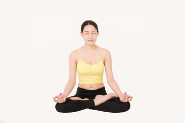 attractive beautiful woman play yoga in meditation pose on white background. healthy care concept.