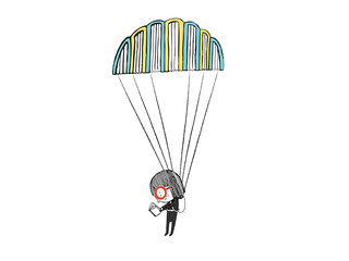 Little girl reading in a parachute made with books. Hand drawn vector illustration