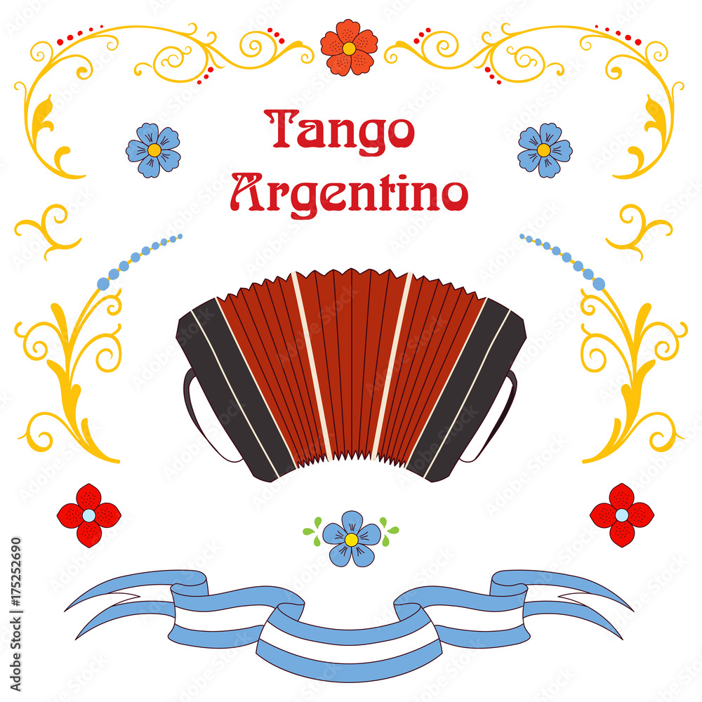 Hand drawn vector illustration with argentine tango design elements - bandoneon, text and traditional Buenos Aires fileteado ornaments. - obrazy, fototapety, plakaty 