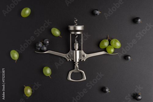 Zdjęcie XXL Wybór wina. Kompozycja z winogron i korkociąg