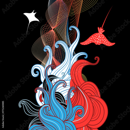 abstrakcyjna-ilustracja-z-morskimi-falujacymi-elementami-na-czarnym-tle