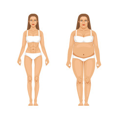 Sticker - Woman weight loss with sport and diet. Vector illustrations in cartoon style