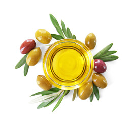 Sticker - Glass bowl with olive oil on white background