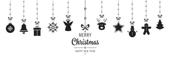 Wall Mural - christmas ornament elements hanging black isolated background