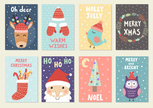 Set Of Cute Christmas Greeting Cards. Postcards And Prints With Reindeer, Santa, Owl And Bird. Vector Illustration