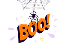 Vector Illustration Of Halloween Boo. Spider Hanging From Web And Holding Sign