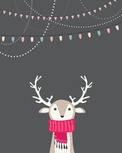 Merry Christmas Card With Cute Dear Wearing A Winter Scarf