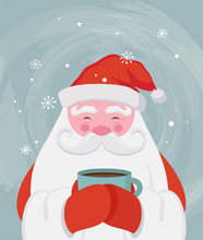 Santa Drinking A Hot Drink At Winter Scenary. Vector Christmas Illustration