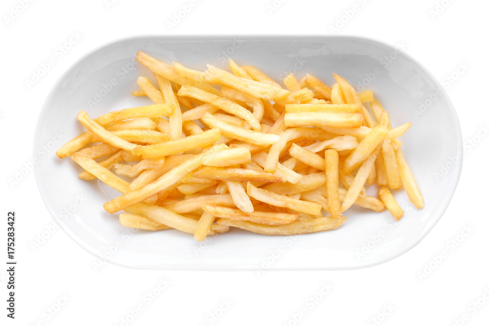 Plate with yummy french fries on white background