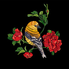 embroidery patch in japanese style. embroidered bird with roses. can be used for clothes, textiles o