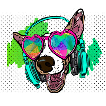 Colorful Vector Poster With Dog On T-shirt. Dog Wearing Glasses And Earphones.