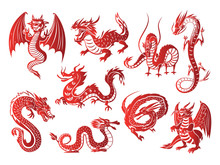 Chinese Asia Red Dragon Animal Silhouettes On White Background Vector Illustration