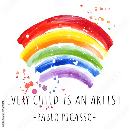 Fotografía Cada niño es una palabra de artista, cita a mano dibujo fondo de arco iris, tarj