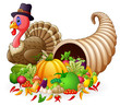 Thanksgiving horn of plenty cornucopia full of vegetables and fruit with cartoon pilgrim turkey