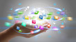 © fgnopporn - Application icons interface on hand. Social media concept