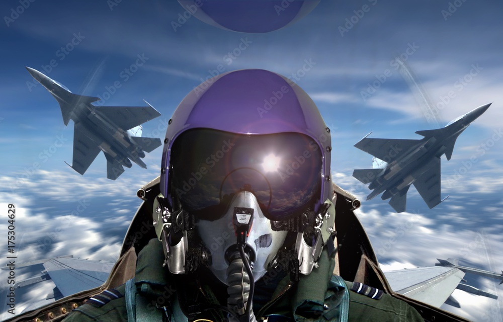 Fighter pilot cockpit view during sunrise - obrazy, fototapety, plakaty 