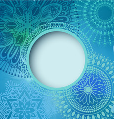 Card or invitation design template. Oriental turquoise background with mandalas and a frame for text. Eps10 vector