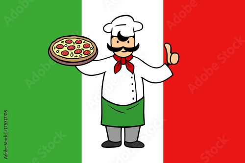 Pizzabäcker mit Pizza vor Flagge von Italien – Stock-Illustration ...