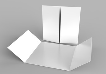 Square single open gate fold brochure, 3 panel and six pages leaflet. blank white 3d render illustration.