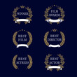 Best film award golden laurel emblem. Film awards and best nominee gold award wreaths on dark blue background. Isolated vintage winner elegant vector logo