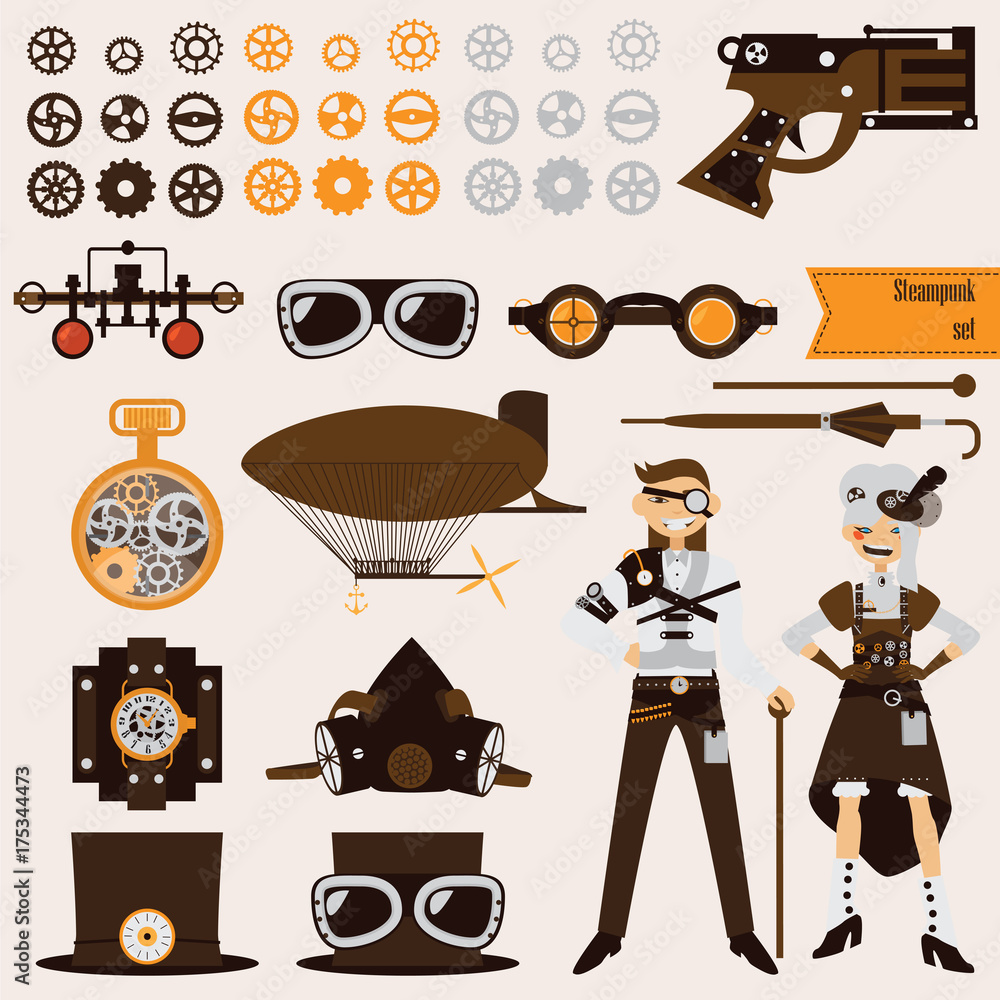 Steampunk objects and characters set. Airship, goggles, gears, old ...