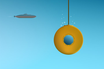 Two cartoon submarine.  First one floats underwater near the second one.  Cartoon yellow and dark submarine.