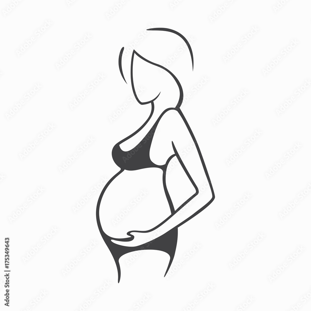 Drawing linear beautiful pregnant girl in dark clothes. Birth of a ...