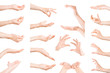Set of woman hands showing, holding and supporting something. Isolated with clipping path